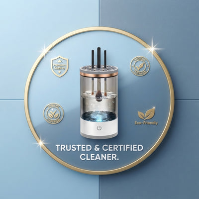 A circular trust badge icon featuring an electric makeup brush cleaner on a soft sky blue and slate blue background.