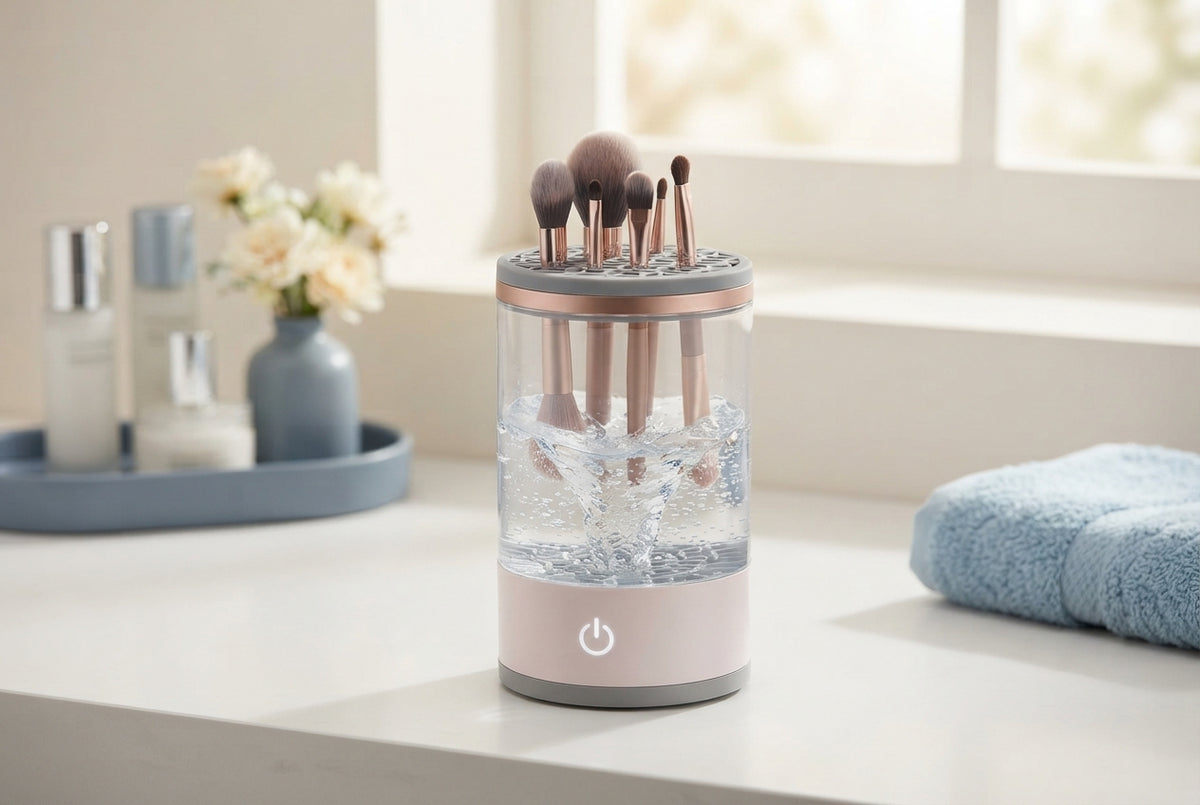 Electric makeup brush cleaner on a white vanity with blue accents and soft lighting in a minimalist room.